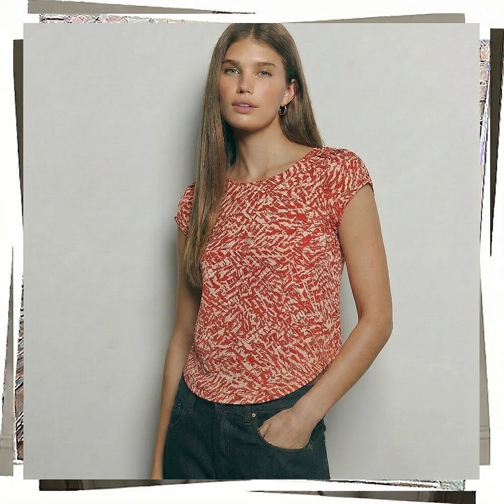 Vintage 2010 Delicate Red & Cream Subtle Puff Sleeve Silk Blouse (S)